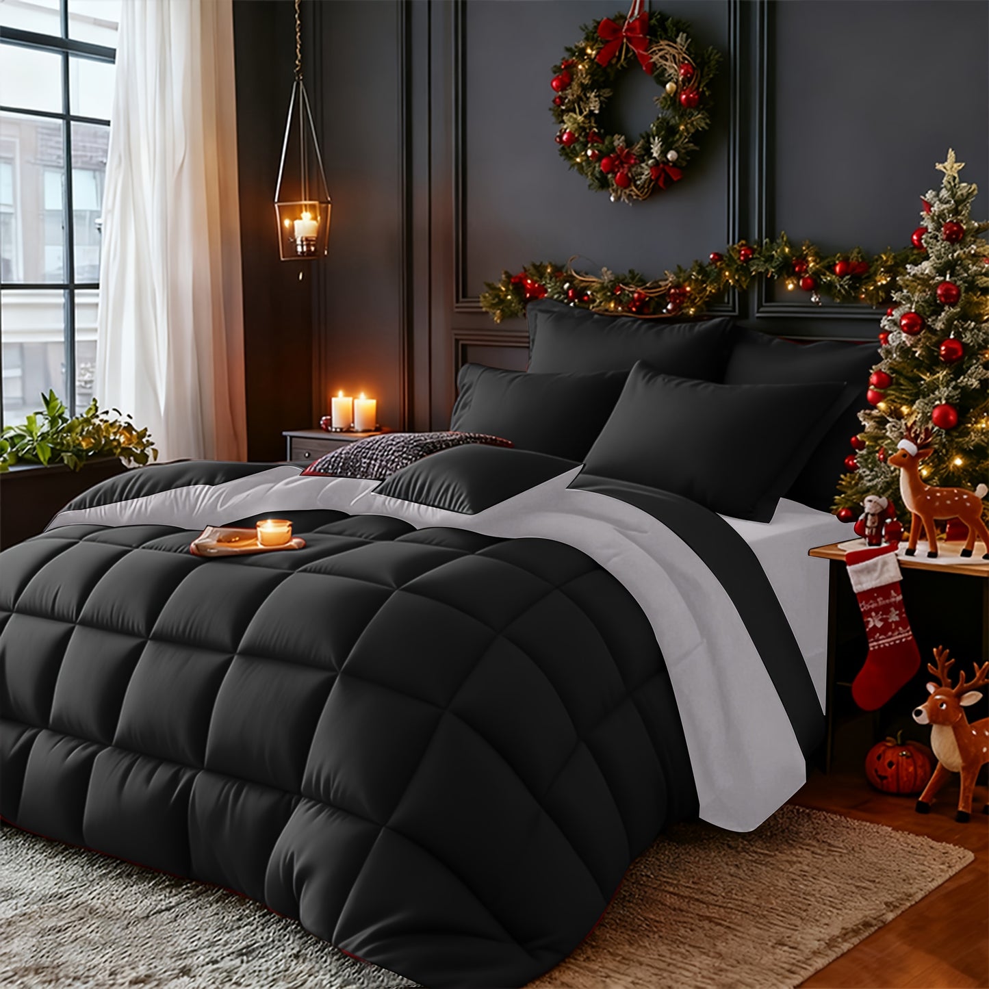 Set Selimut 3pcs Merah/Hitam Ukuran Queen - Set Selimut Nyaman untuk Semua Musim, Termasuk 1 Selimut, 1 atau 2 Sarung Bantal, Selimut Jahitan Kotak Berkualitas Hotel, Dapat Dicuci dengan Mesin, Hadiah Natal yang Cocok untuk Teman dan Keluarga