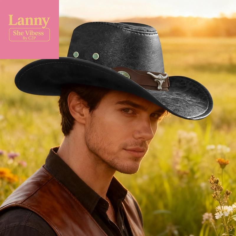 Vintage Cracked Cowboy Hat with Bull Head Hat Band, Unisex Polyester Western Style Hat for Outdoor Casual & Trendy Outfits