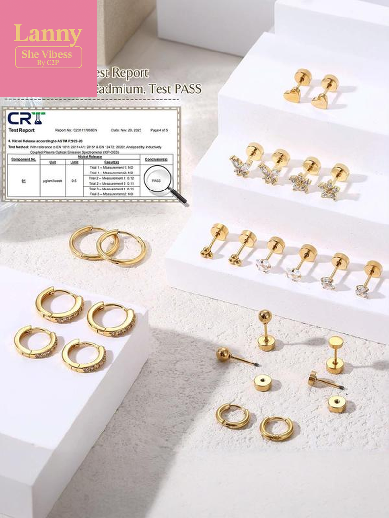 12 Pairs Hypoallergenic Earrings for Sensitive Ears 14K Gold Plated Stainless Steel Flat Back Stud & Hoop Set - Cartilage, Helix, Multiple Piercing Jewelry Gift for Women Men (Christmas Gift🎄) Studs Earrings