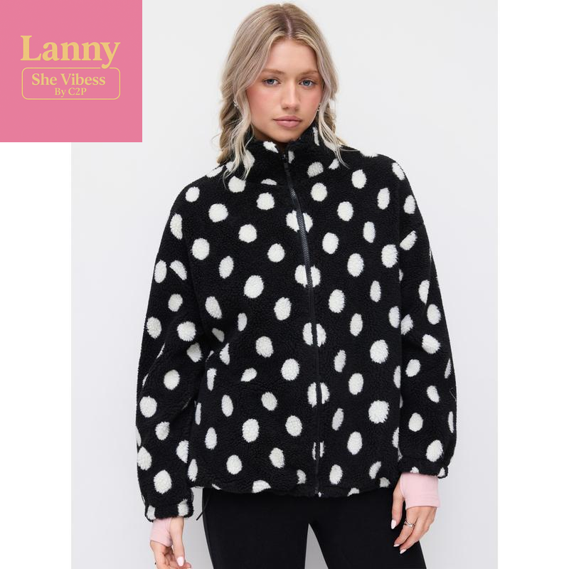 Cider Fleece Polka Dot Drawstring Stand Collar Oversized Jacket