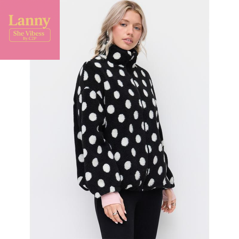 Cider Fleece Polka Dot Drawstring Stand Collar Oversized Jacket