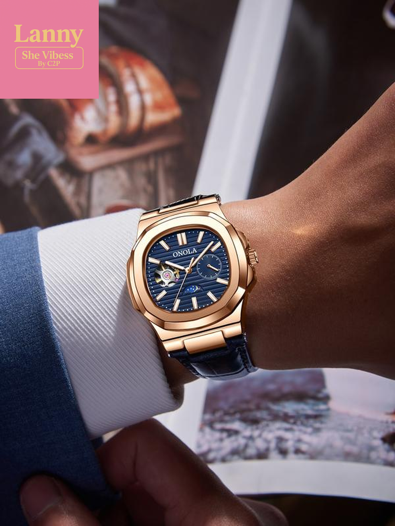 Onola Men'S Fashion Business Mechanical Watch, Hollow Out Tourbillon Design, Automatic Wind-Up, 3Atm Water Resistant, Perfect Christmas Gift