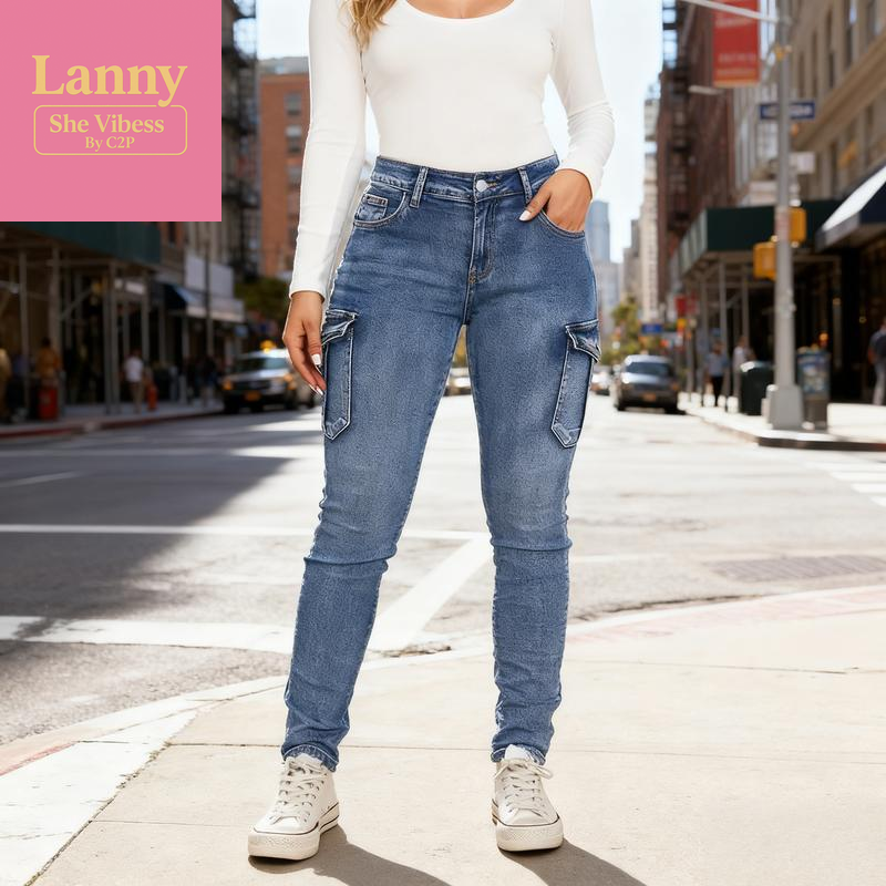 European & American Women'S Ins Trend Low-Rise High-Stretch Jeans with Pleated Side Pockets Cargo Slim-Fit Denim Elastic Fabric for Comfort & Shaping Perfect for Daily Wear