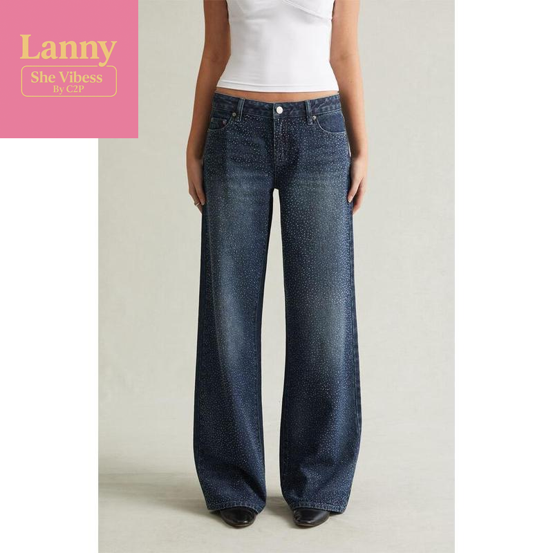 Pacsun Women'S Casey Low Rise Baggy Jeans Rhinestone Medium Blue