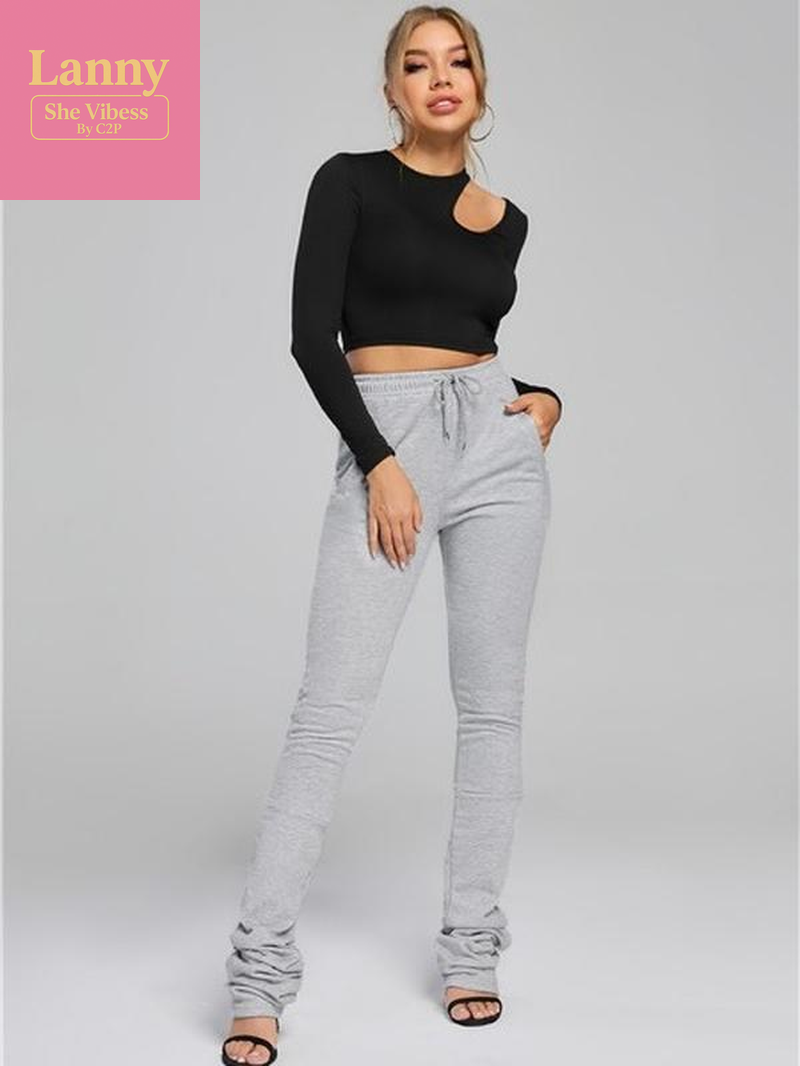 Solid Color Extra Long Ruched Bottom Tight Casual Pant Legging Comfort Womenswear Fabric Spandex Warm Pants Trendy Trouser