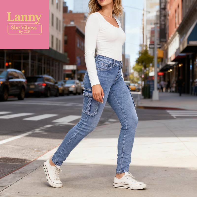 European & American Women'S Ins Trend Low-Rise High-Stretch Jeans with Pleated Side Pockets Cargo Slim-Fit Denim Elastic Fabric for Comfort & Shaping Perfect for Daily Wear