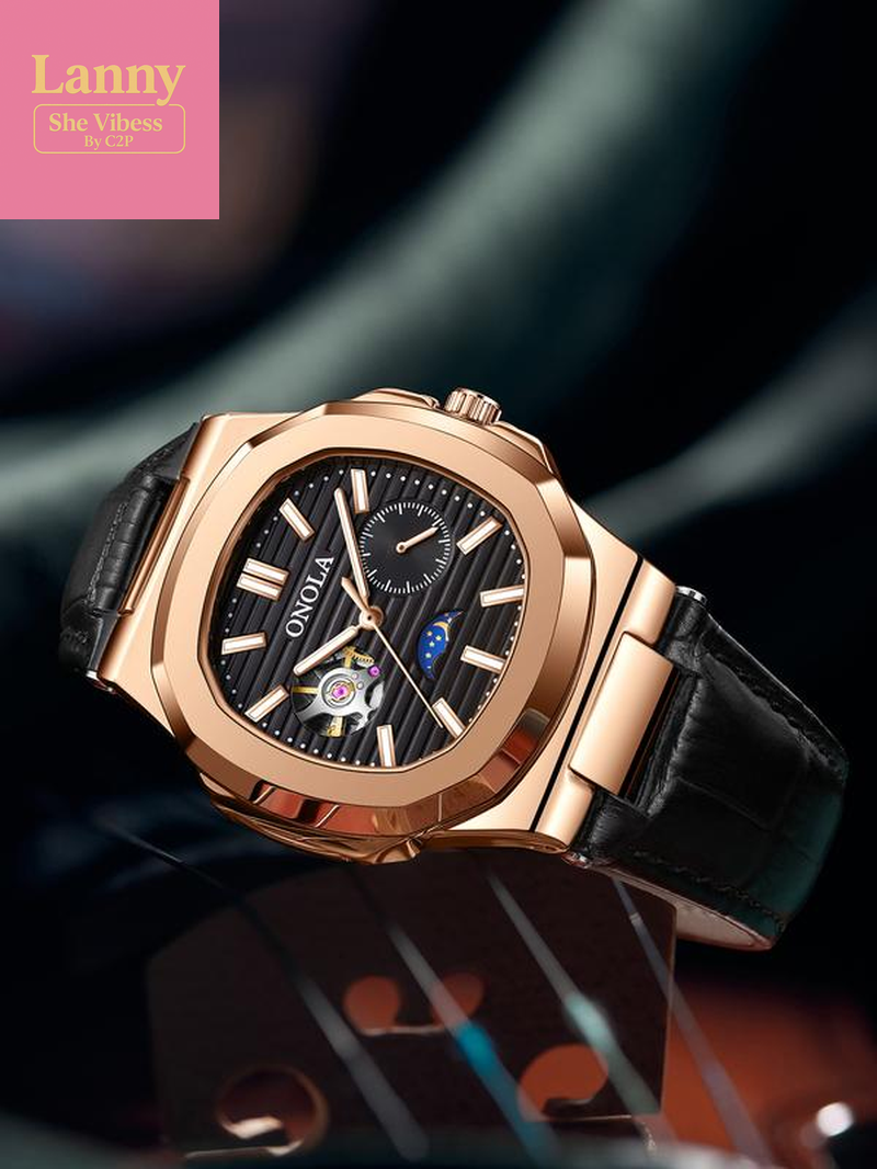 Onola Men'S Fashion Business Mechanical Watch, Hollow Out Tourbillon Design, Automatic Wind-Up, 3Atm Water Resistant, Perfect Christmas Gift