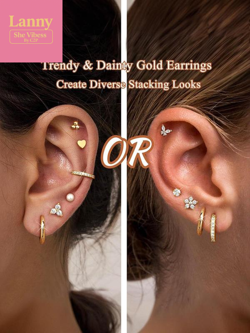 12 Pairs Hypoallergenic Earrings for Sensitive Ears 14K Gold Plated Stainless Steel Flat Back Stud & Hoop Set - Cartilage, Helix, Multiple Piercing Jewelry Gift for Women Men (Christmas Gift🎄) Studs Earrings