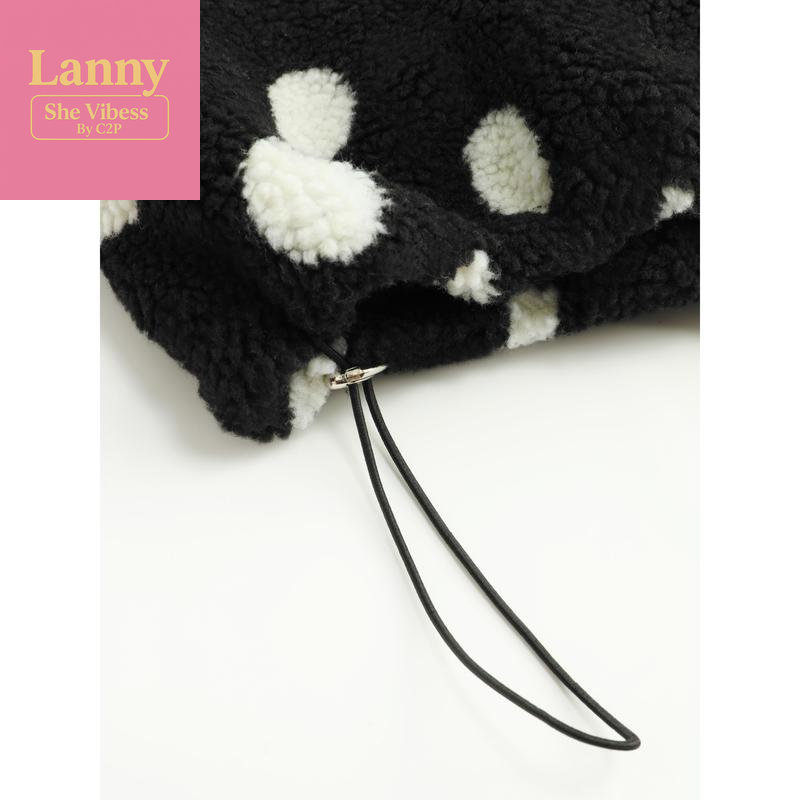 Cider Fleece Polka Dot Drawstring Stand Collar Oversized Jacket