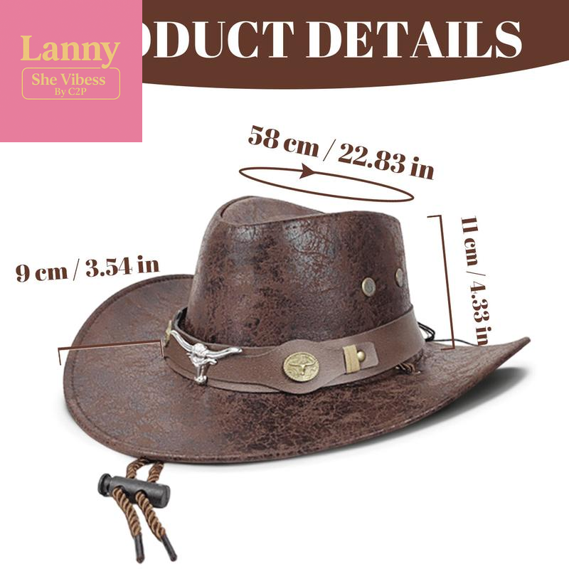 Vintage Cracked Cowboy Hat with Bull Head Hat Band, Unisex Polyester Western Style Hat for Outdoor Casual & Trendy Outfits