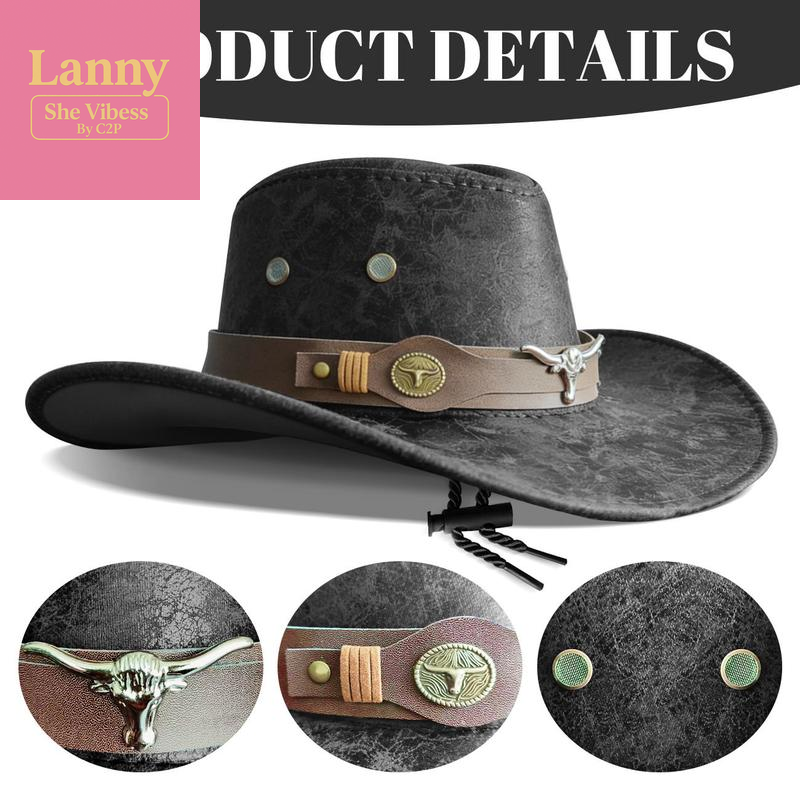 Vintage Cracked Cowboy Hat with Bull Head Hat Band, Unisex Polyester Western Style Hat for Outdoor Casual & Trendy Outfits