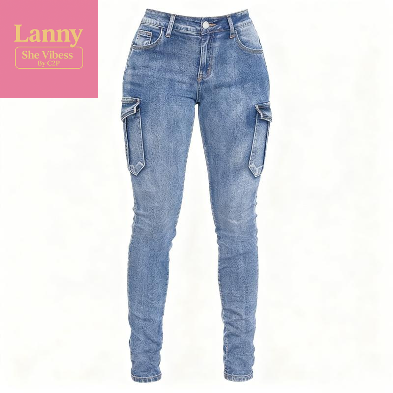 European & American Women'S Ins Trend Low-Rise High-Stretch Jeans with Pleated Side Pockets Cargo Slim-Fit Denim Elastic Fabric for Comfort & Shaping Perfect for Daily Wear