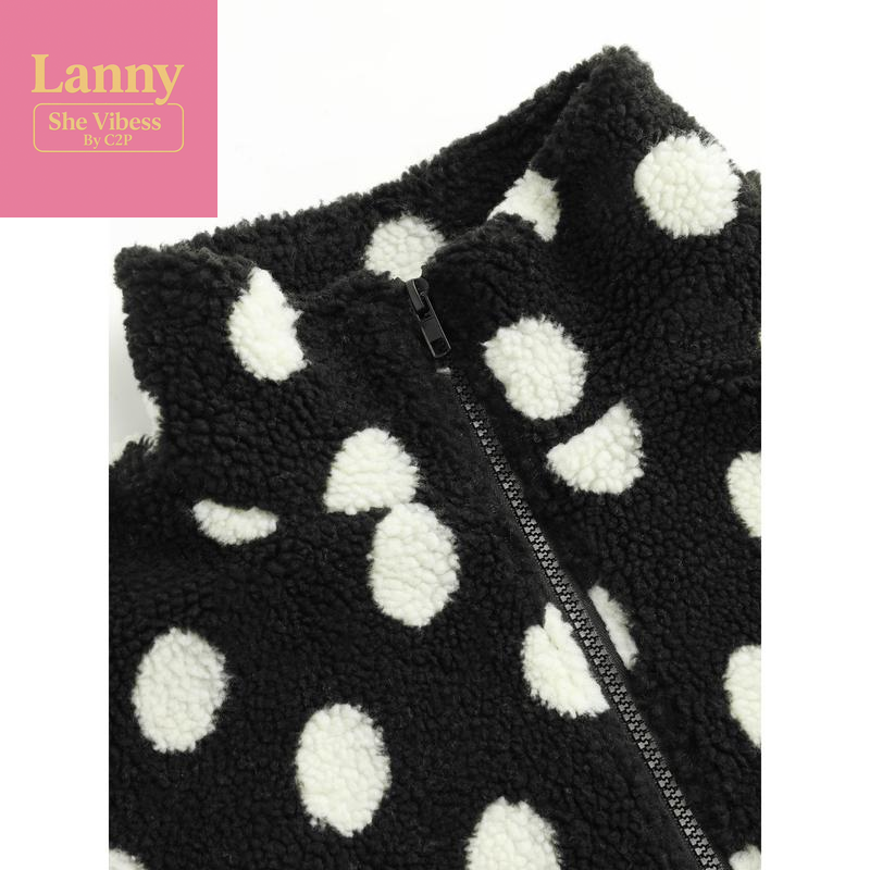 Cider Fleece Polka Dot Drawstring Stand Collar Oversized Jacket
