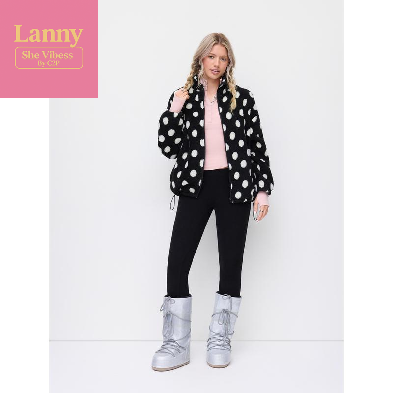Cider Fleece Polka Dot Drawstring Stand Collar Oversized Jacket