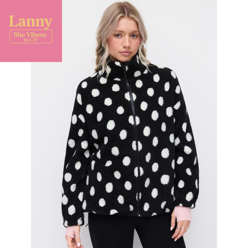 Cider Fleece Polka Dot Drawstring Stand Collar Oversized Jacket