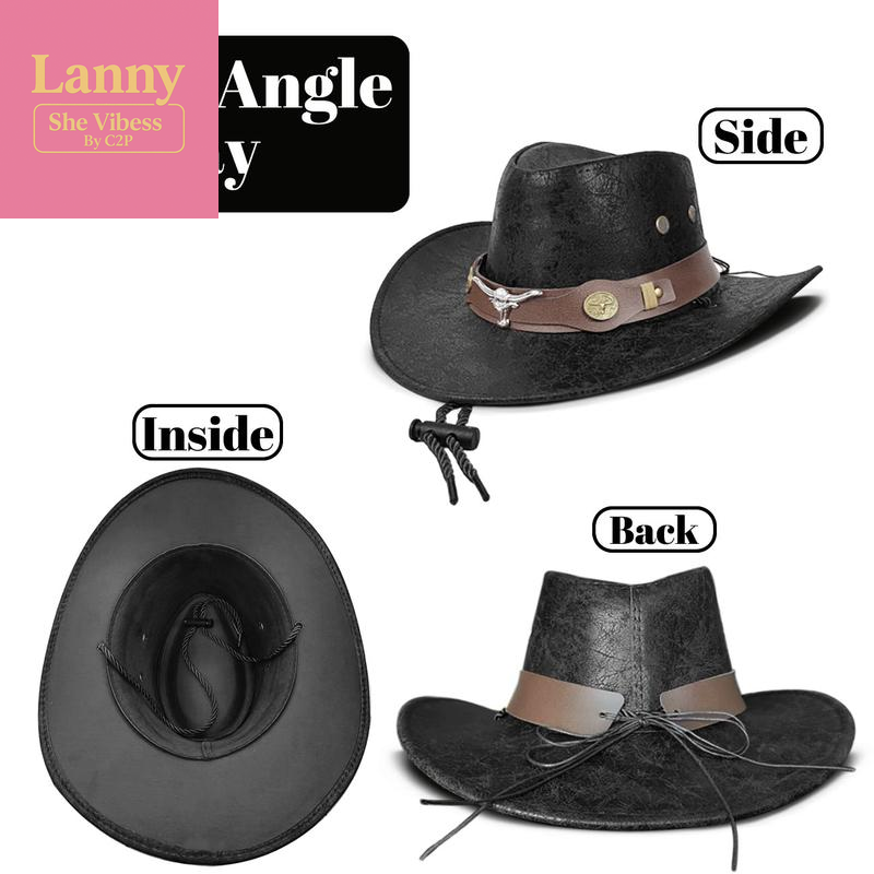 Vintage Cracked Cowboy Hat with Bull Head Hat Band, Unisex Polyester Western Style Hat for Outdoor Casual & Trendy Outfits