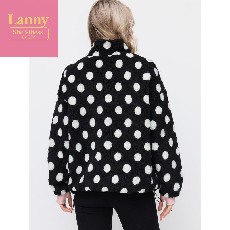 Cider Fleece Polka Dot Drawstring Stand Collar Oversized Jacket