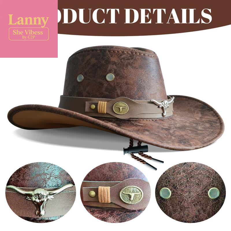 Vintage Cracked Cowboy Hat with Bull Head Hat Band, Unisex Polyester Western Style Hat for Outdoor Casual & Trendy Outfits