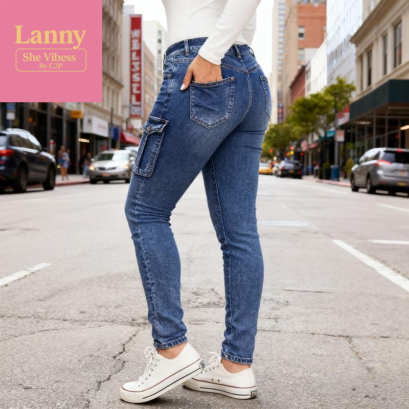 European & American Women'S Ins Trend Low-Rise High-Stretch Jeans with Pleated Side Pockets Cargo Slim-Fit Denim Elastic Fabric for Comfort & Shaping Perfect for Daily Wear