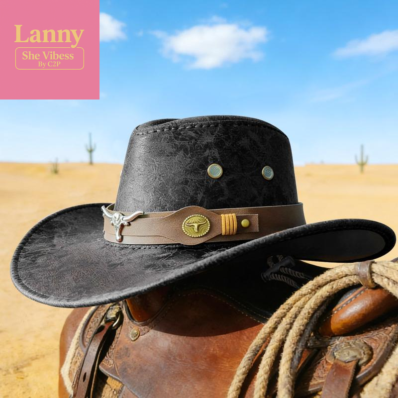 Vintage Cracked Cowboy Hat with Bull Head Hat Band, Unisex Polyester Western Style Hat for Outdoor Casual & Trendy Outfits