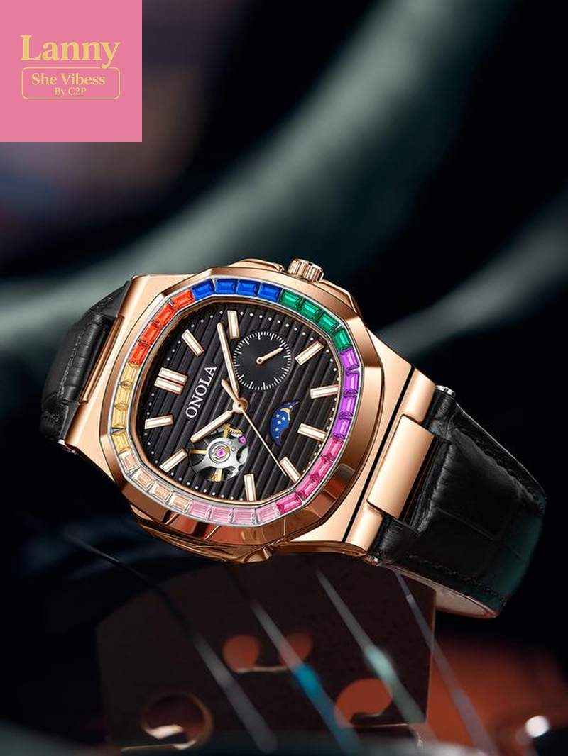 Onola Men'S Fashion Business Mechanical Watch, Hollow Out Tourbillon Design, Automatic Wind-Up, 3Atm Water Resistant, Perfect Christmas Gift