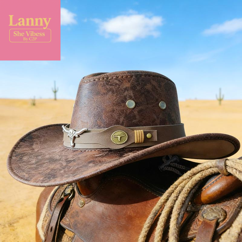 Vintage Cracked Cowboy Hat with Bull Head Hat Band, Unisex Polyester Western Style Hat for Outdoor Casual & Trendy Outfits