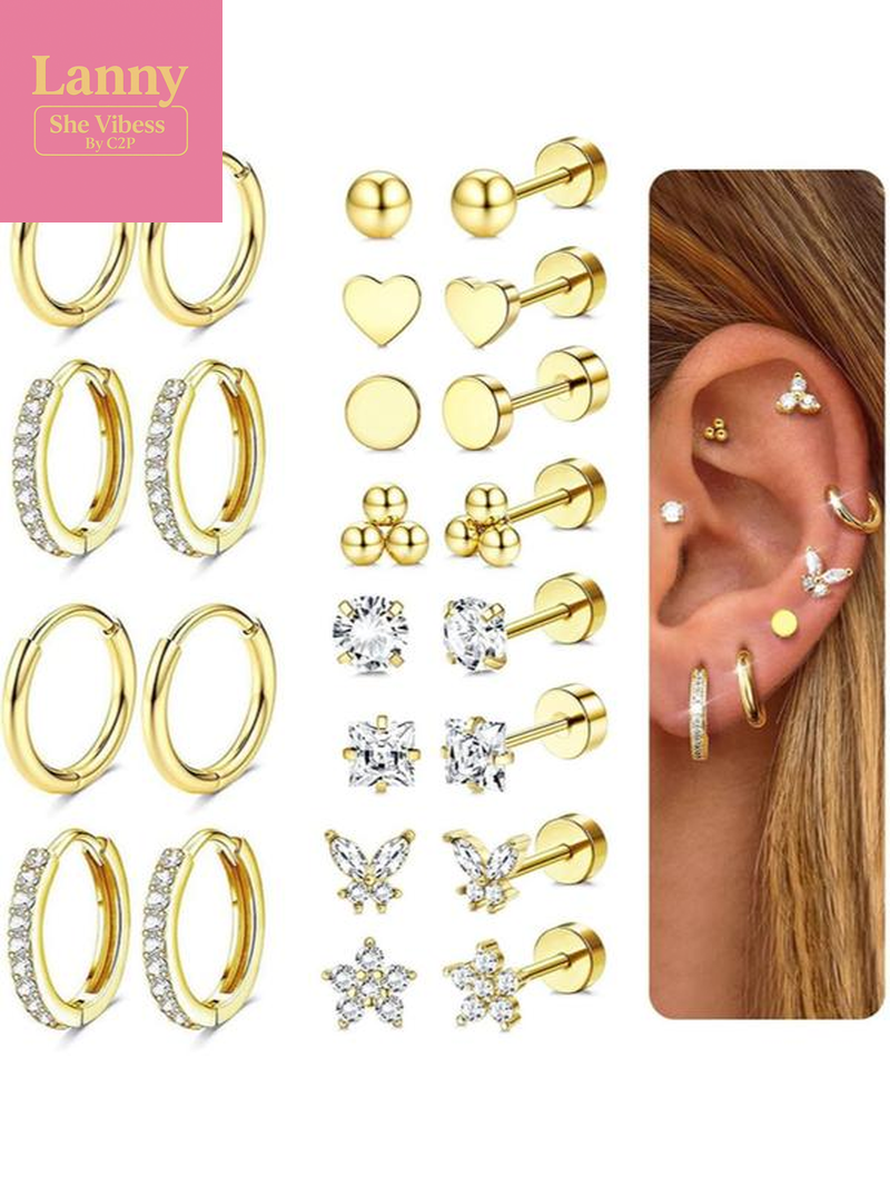 12 Pairs Hypoallergenic Earrings for Sensitive Ears 14K Gold Plated Stainless Steel Flat Back Stud & Hoop Set - Cartilage, Helix, Multiple Piercing Jewelry Gift for Women Men (Christmas Gift🎄) Studs Earrings