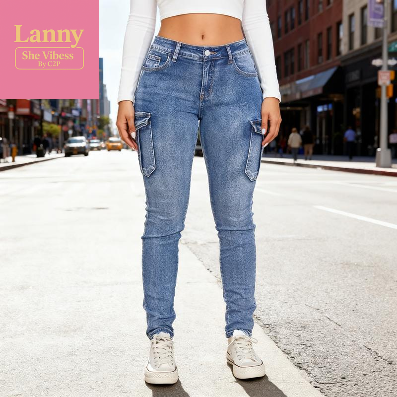 European & American Women'S Ins Trend Low-Rise High-Stretch Jeans with Pleated Side Pockets Cargo Slim-Fit Denim Elastic Fabric for Comfort & Shaping Perfect for Daily Wear