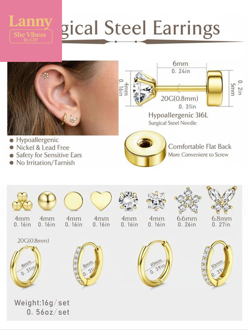 12 Pairs Hypoallergenic Earrings for Sensitive Ears 14K Gold Plated Stainless Steel Flat Back Stud & Hoop Set - Cartilage, Helix, Multiple Piercing Jewelry Gift for Women Men (Christmas Gift🎄) Studs Earrings