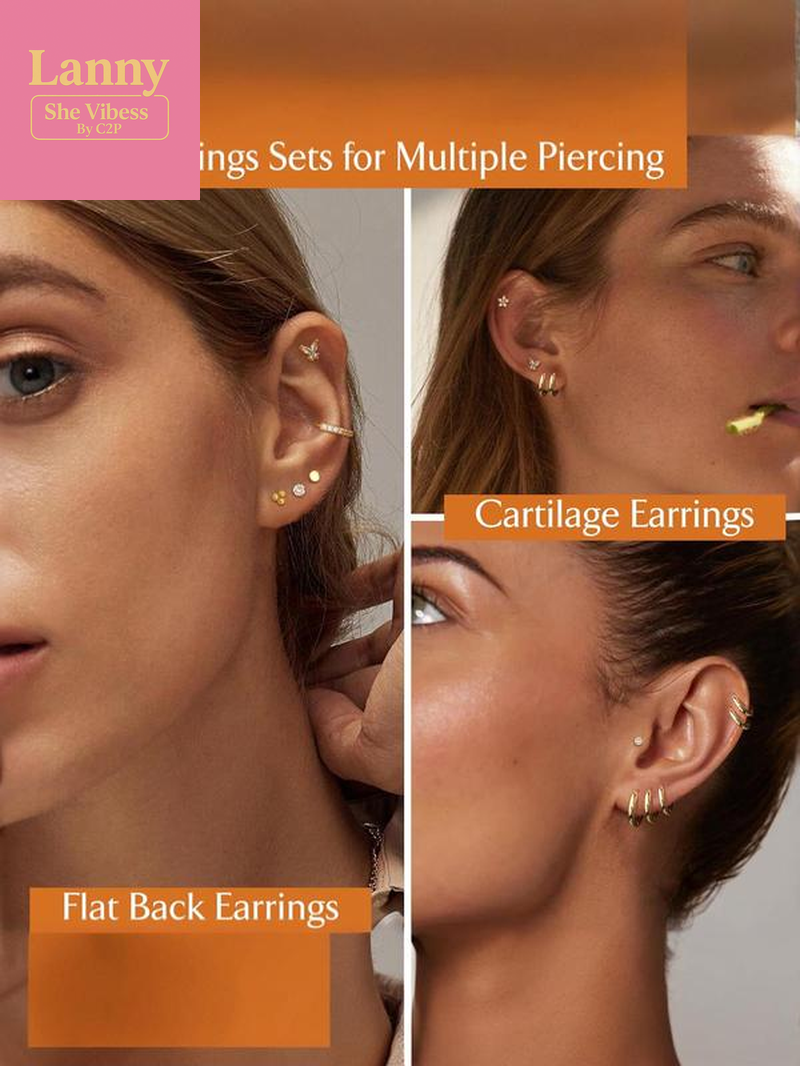 12 Pairs Hypoallergenic Earrings for Sensitive Ears 14K Gold Plated Stainless Steel Flat Back Stud & Hoop Set - Cartilage, Helix, Multiple Piercing Jewelry Gift for Women Men (Christmas Gift🎄) Studs Earrings