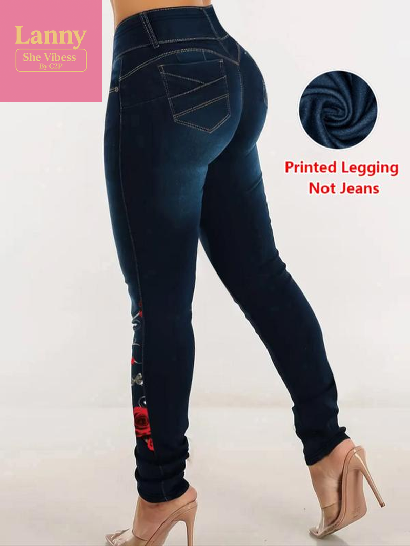 Women'S Imitation Denim Skinny Pants, Denim Print Design, Stylish Comfortable Fit for Everyday Wear
