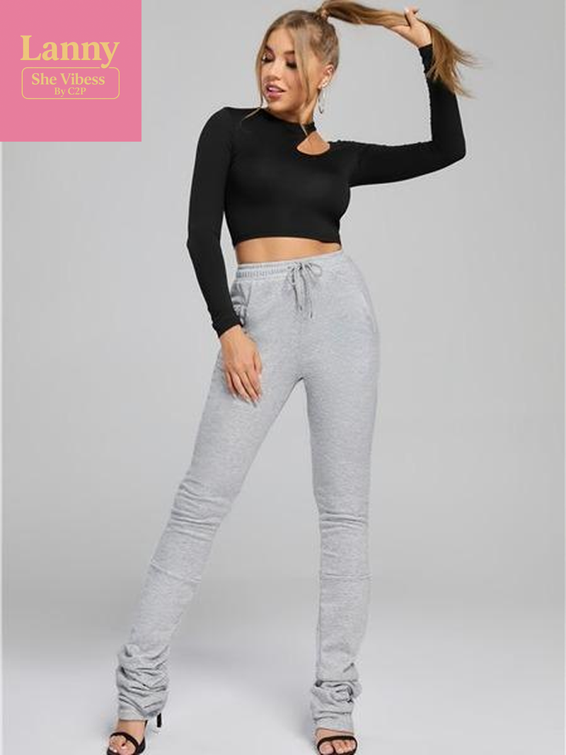 Solid Color Extra Long Ruched Bottom Tight Casual Pant Legging Comfort Womenswear Fabric Spandex Warm Pants Trendy Trouser