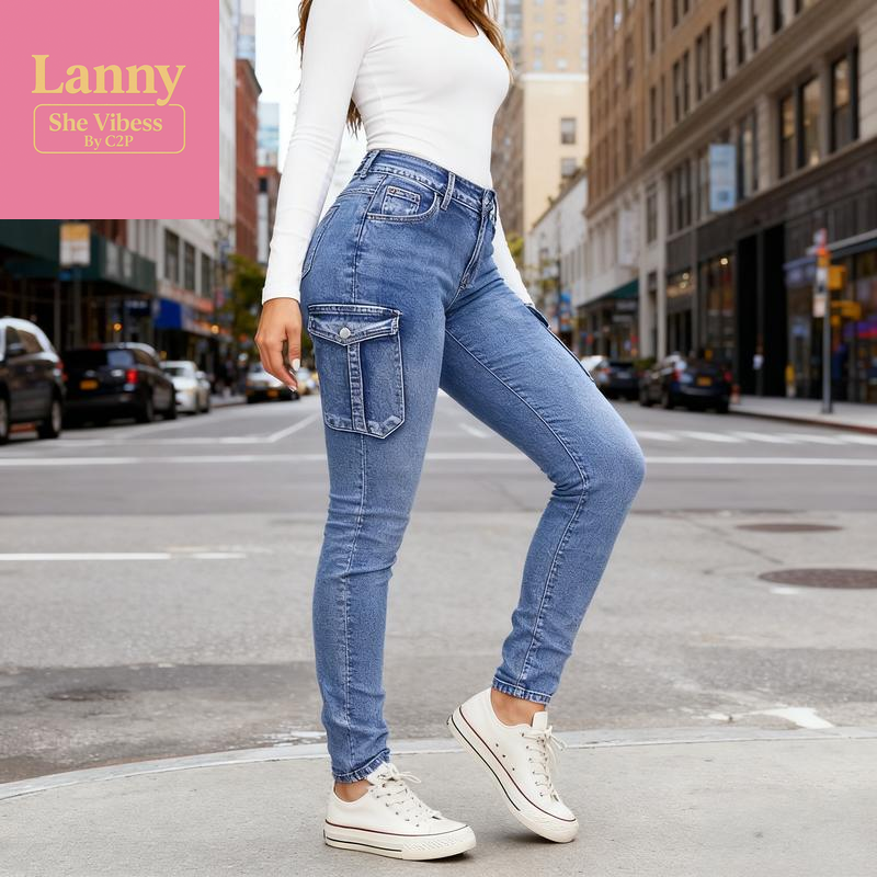 European & American Women'S Ins Trend Low-Rise High-Stretch Jeans with Pleated Side Pockets Cargo Slim-Fit Denim Elastic Fabric for Comfort & Shaping Perfect for Daily Wear