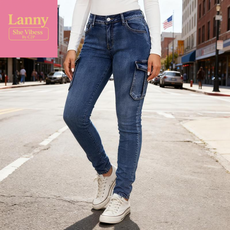 European & American Women'S Ins Trend Low-Rise High-Stretch Jeans with Pleated Side Pockets Cargo Slim-Fit Denim Elastic Fabric for Comfort & Shaping Perfect for Daily Wear