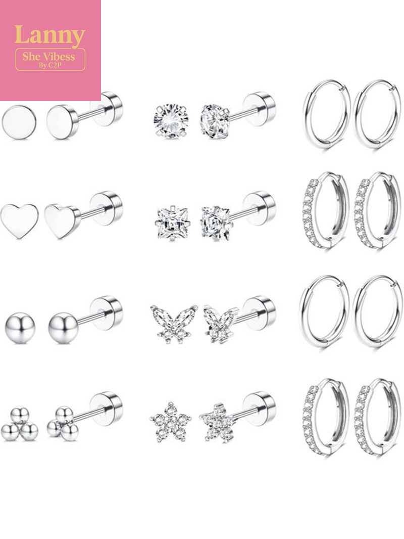 12 Pairs Hypoallergenic Earrings for Sensitive Ears 14K Gold Plated Stainless Steel Flat Back Stud & Hoop Set - Cartilage, Helix, Multiple Piercing Jewelry Gift for Women Men (Christmas Gift🎄) Studs Earrings