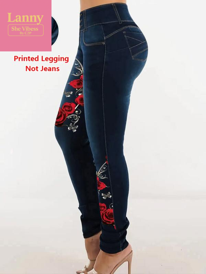 Women'S Imitation Denim Skinny Pants, Denim Print Design, Stylish Comfortable Fit for Everyday Wear