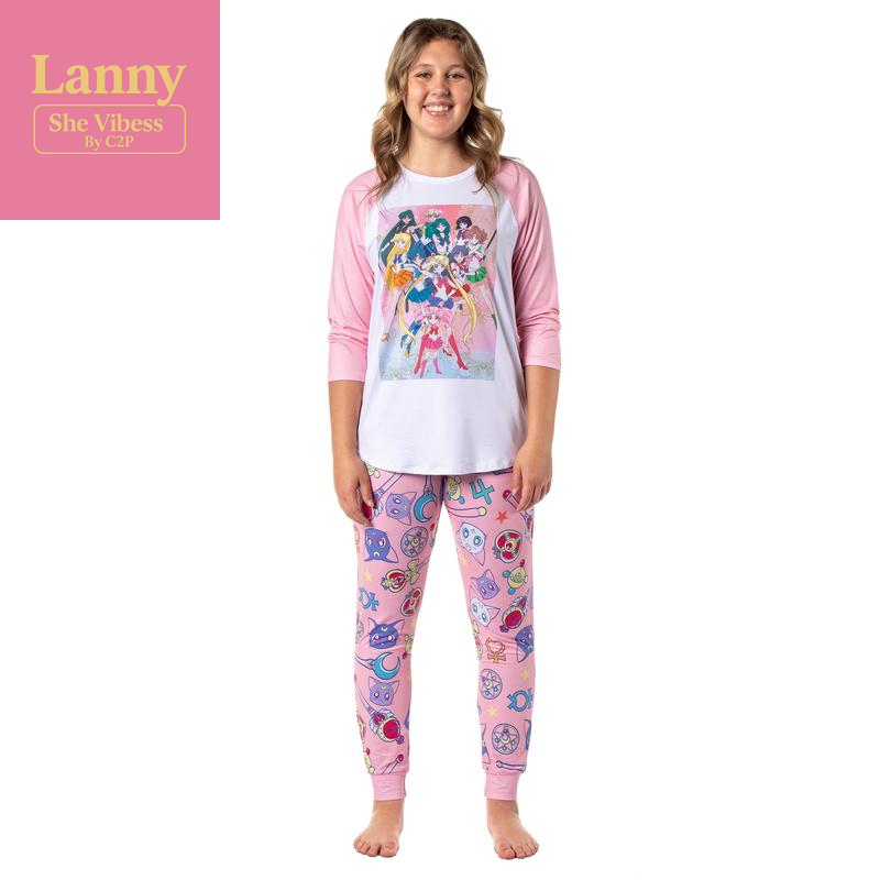 Sailor Moon Pajamas Women'S Character Poster Raglan Shirt and Jogger Pants Pajama Set