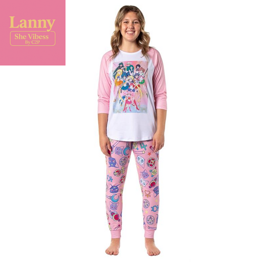 Sailor Moon Pajamas Women'S Character Poster Raglan Shirt and Jogger Pants Pajama Set