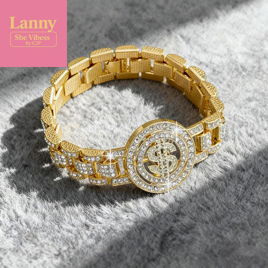 Men'S Hip-Hop Swag Rotating Dollar Bracelet with Rhinestones Gold & Silver Hip-Hop Accessories for Bold Stylish Outfits