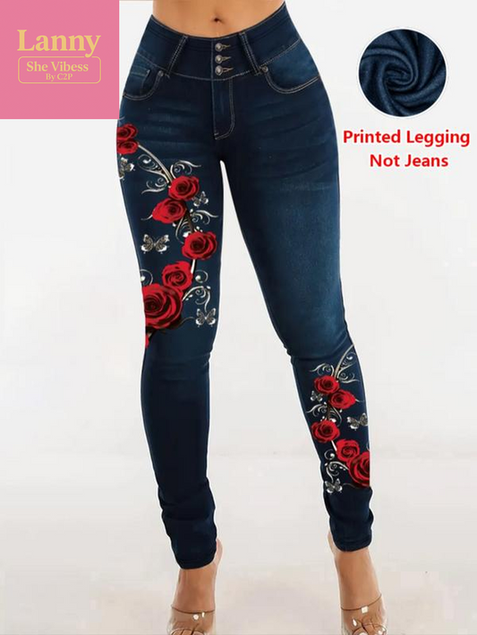 Women'S Imitation Denim Skinny Pants, Denim Print Design, Stylish Comfortable Fit for Everyday Wear
