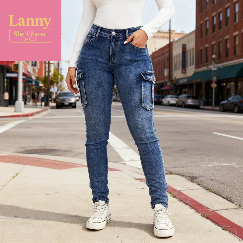 European & American Women'S Ins Trend Low-Rise High-Stretch Jeans with Pleated Side Pockets Cargo Slim-Fit Denim Elastic Fabric for Comfort & Shaping Perfect for Daily Wear