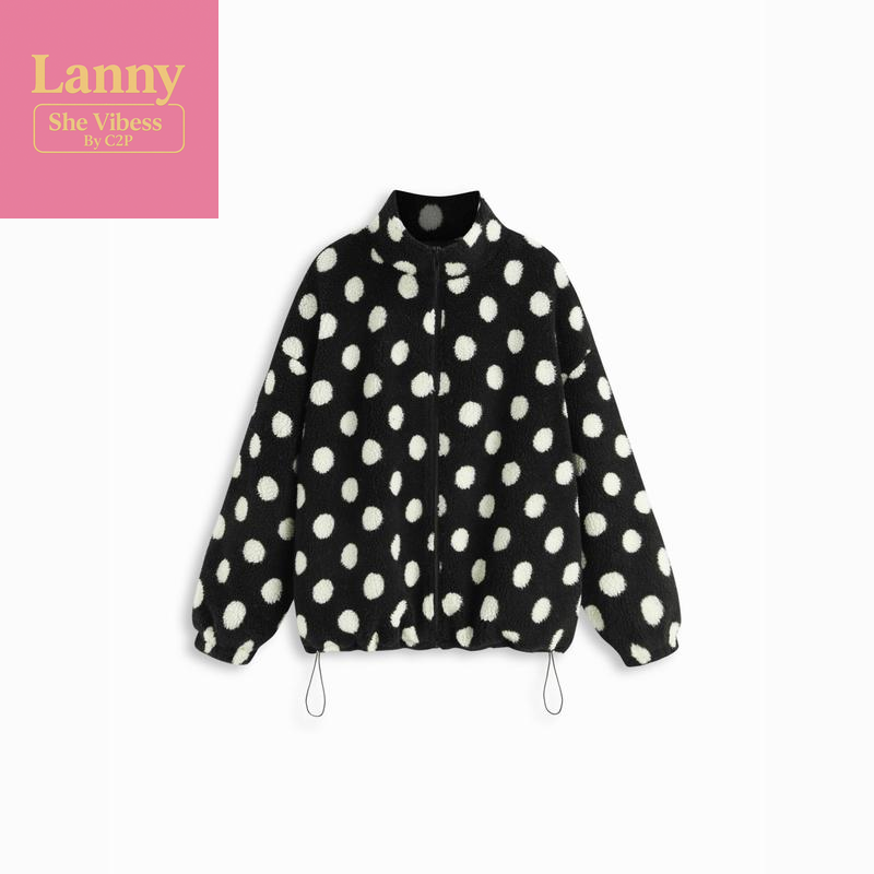 Cider Fleece Polka Dot Drawstring Stand Collar Oversized Jacket