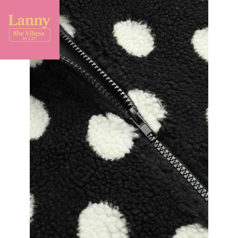 Cider Fleece Polka Dot Drawstring Stand Collar Oversized Jacket
