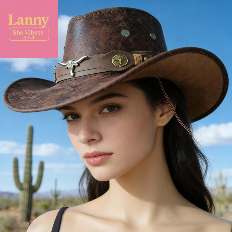 Vintage Cracked Cowboy Hat with Bull Head Hat Band, Unisex Polyester Western Style Hat for Outdoor Casual & Trendy Outfits