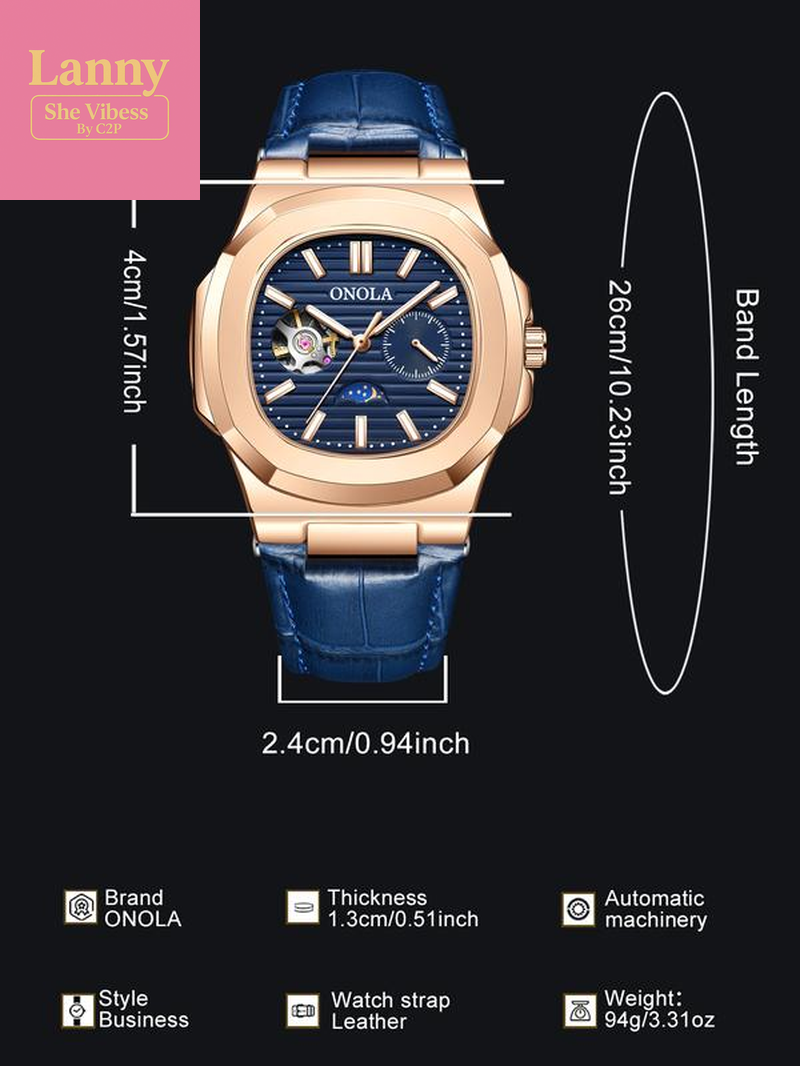 Onola Men'S Fashion Business Mechanical Watch, Hollow Out Tourbillon Design, Automatic Wind-Up, 3Atm Water Resistant, Perfect Christmas Gift