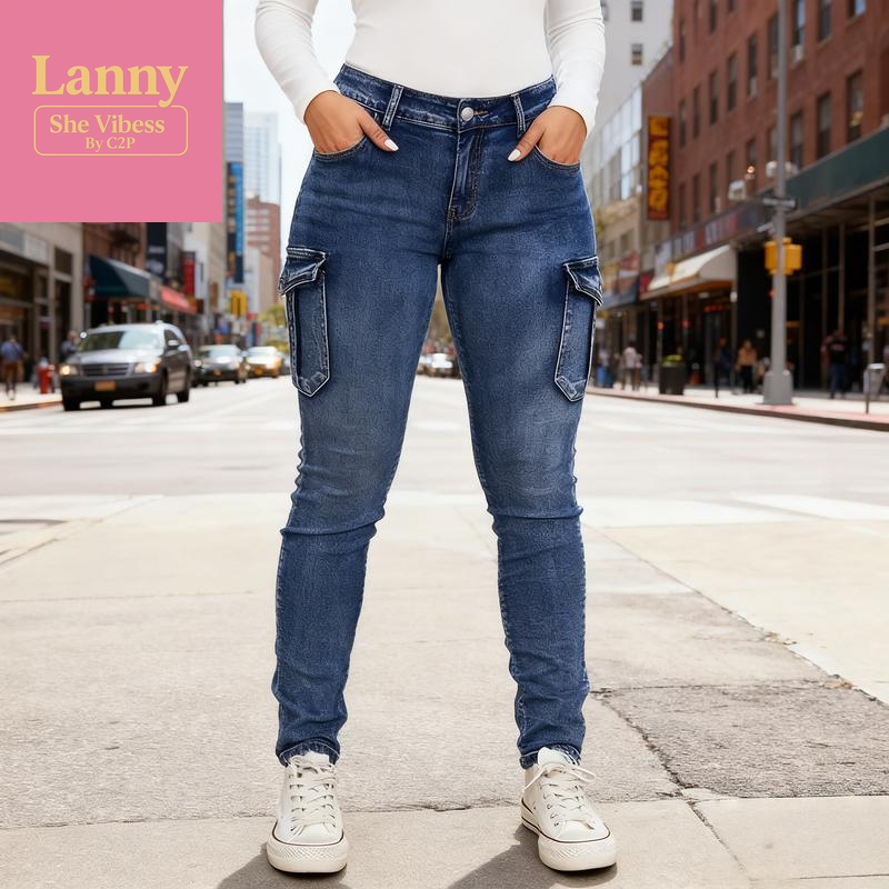 European & American Women'S Ins Trend Low-Rise High-Stretch Jeans with Pleated Side Pockets Cargo Slim-Fit Denim Elastic Fabric for Comfort & Shaping Perfect for Daily Wear