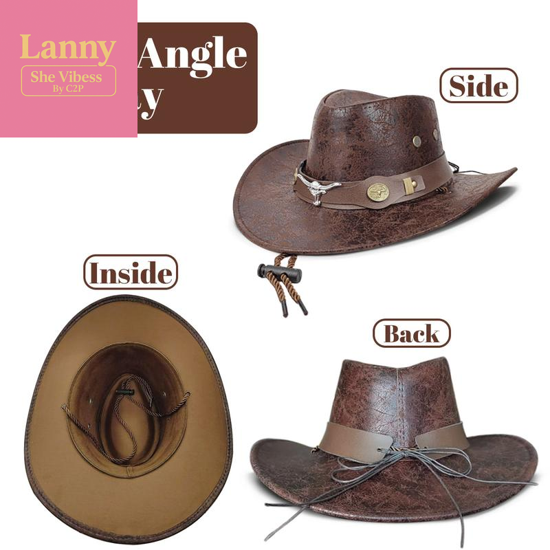 Vintage Cracked Cowboy Hat with Bull Head Hat Band, Unisex Polyester Western Style Hat for Outdoor Casual & Trendy Outfits