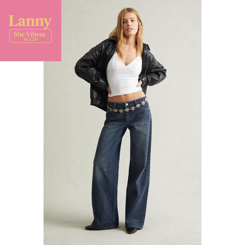 Pacsun Women'S Casey Low Rise Baggy Jeans Rhinestone Medium Blue