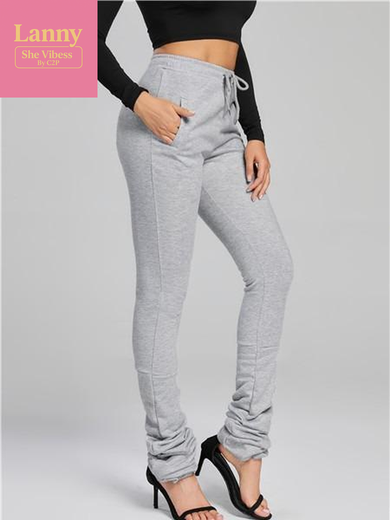 Solid Color Extra Long Ruched Bottom Tight Casual Pant Legging Comfort Womenswear Fabric Spandex Warm Pants Trendy Trouser