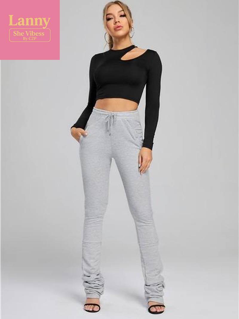 Solid Color Extra Long Ruched Bottom Tight Casual Pant Legging Comfort Womenswear Fabric Spandex Warm Pants Trendy Trouser